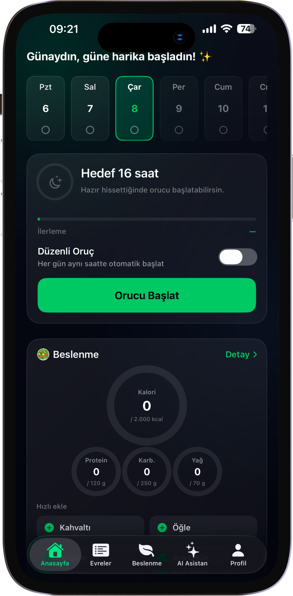 Arin Dashboard ve Kalori Takip Ekranı